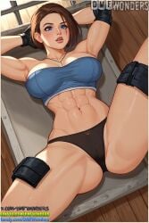 1girls abs ai ai_art ai_generated armpits arms_behind_head black_panties blue_eyes blush breasts brown_hair cameltoe cleavage dmf_wonders elbow_pads fansly fanvue_username gloves jill_valentine large_breasts lips looking_at_viewer lying muscular muscular_female navel on_back panties resident_evil short_hair solo spread_legs strapless thighs toned tube_top twitter_username underwear x_username