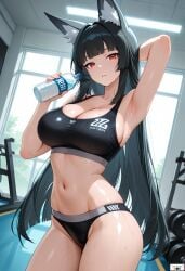 1girls ai_generated arm_behind_head arm_up armpits belly belly_button big_breasts black black_bra black_hair black_string_panties bra female female_only fox_ears gym gym_background gym_bottomwear gym_clothes gym_clothing gym_equipment hoshimi_miyabi long_hair looking_at_viewer open_eyes open_mouth red_eyes showing_teeth standing_position string string_panties sweat sweating water_bottle yumeyasha zenless_zone_zero