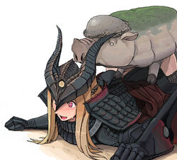 armor artist_request blonde_hair capcom fatalis_(armor) from_behind hair headgear helmet long_hair monster monster_hunter monster_rape mosswine oekaki okekaki purple_eyes rape sex vaginal_penetration what zoophilia