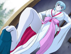 1girls aoi_(gegege_no_kitarou) barefoot blue_eyes blue_hair blue_skin breasts feet female footjob gegege_no_kitarou glamour_works huge_breasts humanoid large_breasts monster_girl smile yokai yuki_onna