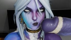 1female 1futa 3d black_lipstick blender blender_eevee choker dota_2 drow_ranger low_effort nose_ring penis_shaped_accessory purple_skin running_mascara runny_makeup self_upload smegma stray_pubic_hair white_eyes white_hair