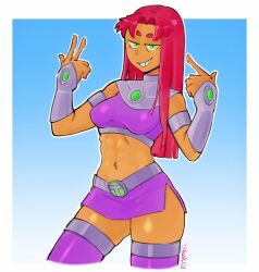 alien_girl cartoon_network dc dc_comics detective_comics fanart green_eyes orange_skin peace_sign purple_clothing red_hair skuunk02 starfire teen_titans