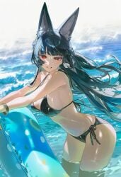 1girls belly belly_button big_breasts bikini bikini_bottom bikini_top black_bikini_bottom black_bikini_top blue_hair dark_blue_hair female female_only fox_ears hoshimi_miyabi long_hair looking_at_viewer open_eyes open_mouth red_eyes seaside showing_teeth smiling smiling_at_viewer standing_position zenless_zone_zero