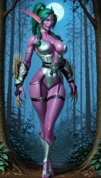 ai_generated blue_eyes choker claws cleavage fishnet_legwear fishnets green_hair heel_boots high_heels leotard nipple_bulge plunging_neckline purple_skin saraserah tyrande_whisperwind world_of_warcraft