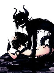 anal anal_sex ass black_hair blush color crossdressing cum cum_while_penetrated devil empty_eyes femboy gay gloves high_contrast highres horns licking male monster monster_on_male on_stomach original penis saliva sex short_hair simple_background slime source_request stickysheep tentacle tentacle_on_male tongue white_background yaoi yellow_eyes