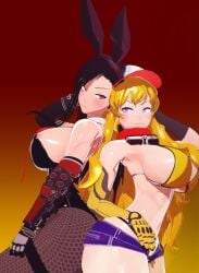 2girls big_breasts bikini bikini_top black_hair black_hair_female blonde_female blonde_hair breasts bunny_ears bunny_girl bunnysuit final_fantasy_vii final_fantasy_vii_remake half-dressed half_naked half_naked_female hat looking_at_another nakadashi_(artist) nipple_slip purple_eyes red_eyes robotic_arm rwby short_shorts tifa_lockhart yang_xiao_long