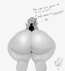 1female ass ass_focus beanie big_ass canine dialogue dokitokiii domestic_dog facesitting female floppy_ears furry furry_female furry_only glasses imminent_facesitting long_hair monochrome peta_petaa soup_(peta_petaa) sweat sweatdrop sweating sweaty