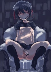 androgynous ball_gag black_legwear chair crossdressing crossdressing gag male no_panties penis penis_ribbon rca red_eyes ribbon short_hair sitting socks solo testicles tied_penis trap