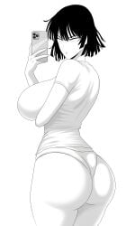 big_ass big_breasts from_behind from_side fubuki_(one-punch_man) holding_phone huge_ass leroz3 looking_at_viewer monochrome one-punch_man panties plump_ass selfie shirt showing_ass soft_ass