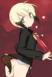 ass black_hair blonde_hair blue_eyes blush butt_crack clothing dog_tail erica_hartmann female heart looking_back military_uniform multicolored_hair no_panties nopan open_mouth panties red_panties shimada_fumikane short_hair smile solo strike_witches tail teeth thighs underwear