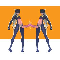 1boy bandage_on_penis closed_mouth clothing_cutout covered_eyes covered_nipples cum erection eye_mask full_body highres huge_cock long_hair male_focus original penis penises_touching smile standing stomach_cutout tailbox testicles tiptoes wide_hips