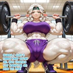 abs ai_generated anthro barbell female furry gym gym_clothes gym_shorts looking_at_viewer low-angle_view milf muscular_arms muscular_female muscular_legs paige_(velix5) sheep sheep_ears sheep_girl sheep_tail sneakers squatting sweatband velix5 weightlifting white_fur white_hair