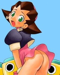 ass bottomless_skirt brown_hair capcom female green_eyes kobun mega_man mega_man_legends more_revealing_backside no_panties pussy skirt skirt_lift tron_bonne uncensored wind_lift