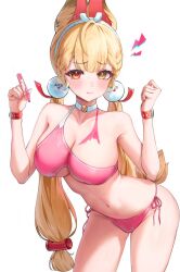2gong_(9ujin_) 9ujin :t alice_thymefield alternate_costume animal_ears bare_shoulders bikini blonde_hair braid breasts choker cleavage clothing_cutout cowboy_shot female frown hair_ornament hairband hands_up heterochromia highres holding holding_marker large_breasts marker navel pink_bikini pout rabbit_ears red_eyes side-tie_bikini_bottom simple_background single_strap skindentation solo stomach swimsuit thighs underboob underboob_cutout white_background white_choker wristband yellow_eyes zenless_zone_zero