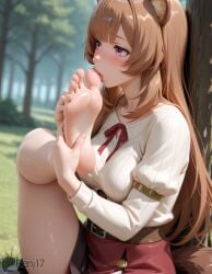 ai_generated benj17 feet feet_focus female female_focus fetish foot_fetish nude raphtalia shiny_skin solo stable_diffusion sweatuncensored tate_no_yuusha_no_nariagari watermark