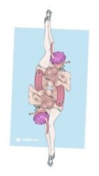 2futas 2girls animal_penis blush breasts closed_eyes earrings futa_only futanari gigantic_penis highres horns horse_penis jewelry large_breasts multiple_futa multiple_girls nipple_piercing oral original penis penis_piercing piercing pointy_ears purple_hair short_hair single_horn tailbox testicle_sucking thighhighs upside-down white_thighhighs