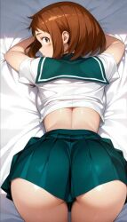 1girls ai_generated ass_focus flashing looking_back lying_on_bed my_hero_academia ochako_uraraka school_uniform