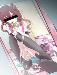 bar_censor between_legs black_legwear black_thighhighs brown_hair cellphone cellphone_camera censor_bar censored character_censor clothes_off clothes_removed cum cum_on_photo feet hand_between_legs hatate_himekaidou identity_censor masturbation mirror novelty_censor oouso_(usotsukiya) phone photo photo_(object) reflection self_shot solo thighhighs tied_hair touhou twintails usotsukiya