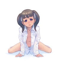 bottomless dress_shirt female naked_shirt navel nude open_clothes open_mouth open_shirt pubic_hair shirt simple_background tied_hair twintails weno