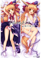 anklehighs belt blonde_hair blush bow censored chains cute_fang dakimakura female flat_chest gourd hairbow horn_ribbon horns long_hair multiple_views nipples no_pants open_clothes open_mouth open_shirt orange_eyes orange_hair panties panty_pull pussy ribbon sample shirt socks solo suika_ibuki touhou turn_cuff_socks underwear vivi_(dakemakura) white_socks wrist_cuffs yellow_eyes