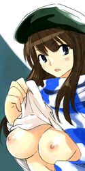 blue_eyes blush breasts brown_hair female hat long_hair lowres michael_f91 nipples original shirt_lift solo