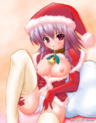 1girls breasts breasts_out character_request christmas collar cum elbow_gloves female holly honyo nipples panties purple_eyes purple_hair santa_costume solo source_request thighhighs underwear white_legwear white_panties