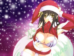 bb blush bra breasts christmas cleavage hat huge_breasts iizuki_tasuku large_breasts lingerie mouth_hold nipple_slip nipples santa_costume santa_hat shirt_lift snow snowing underwear