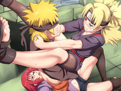 1boy 2girls anilingus blonde_hair blue_eyes blush clenched_teeth feet female glasses group_sex hair headband human kunoichi licking lying maku_(l-u) makura_no_doushi male male_anilingus multiple_girls naruto naruto_shippuden navel ninja oral pink_hair red_eyes red_hair rimjob sandals sex short_hair shorts stand_and_carry_position straight sweat temari threesome toes tongue tongue_out uzumaki_karin uzumaki_naruto