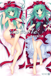 ass barefoot blush bow breasts censored dakimakura dress female front_ponytail green_eyes green_hair hairbow kagiyama_hina long_hair lying multiple_views nipples nude pussy ribbon sample skirt skirt_lift smile solo touhou vivi_(dakemakura)