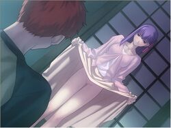 censored dutch_angle emiya_shirou fate/stay_night fate_(series) game_cg male matou_sakura mosaic_censoring no_panties purple_hair pussy pussy_juice skirt skirt_lift takeuchi_takashi type-moon