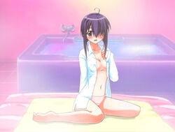 ahoge artist_request barefoot bath bathtub blush clothing dress_shirt female hair_over_eyes hair_over_one_eye mahou_sensei_negima mahou_sensei_negima! miyazaki_nodoka navel no_bra open_clothes open_shirt panties pink_panties purple_eyes purple_hair shirt sitting small_breasts steam striped striped_panties underwear wariza