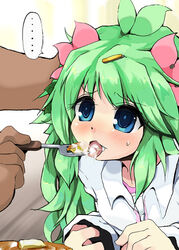 blush cum cum_in_mouth cum_on_food feeding female flower food fork gijinka green_hair humanized_pokemon moemon pancake personification pokemon pokemon_(species) rakkogawa_rinro shaymin