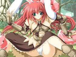 animal_ears armor armored_dress armour blush bunny_ears cameltoe forest green_eyes mitsuki_mantarou nature outdoors panties poring ragnarok_online red_hair sitting spread_legs swordman swordman_(ragnarok_online) underwear