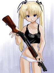 blonde_hair blue_eyes camisole excel_(artist) female gun gunslinger_girl long_hair midriff panties shotgun standing striped striped_panties tied_hair triela_(gunslinger_girl) twintails underwear weapon white_panties winchester_model_1897