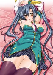 arms_up blue_hair blush breasts chinese_girl detached_sleeves kan'u_unchou_(koihime) kizaki_yuuri koihime†_(series) koihime_musou long_hair lying miniskirt necktie nipples open_clothes open_shirt orange_eyes ponytail pussy shirt side_ponytail silver_hair skirt thighhighs tied_hair uncensored yellow_eyes zettai_ryouiki