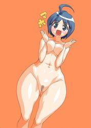 ahoge blue_hair breast_squeeze breasts censored curvy female happy hips katagiri_himeko kei_(bekei) kei_(pixiv14657) medium_breasts nipples nude pani_poni_dash! pubic_hair puffy_nipples short_hair solo translation_request wide_hips