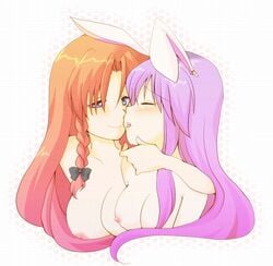 2girls animal_ears arm_around_neck bare_shoulders blue_eyes blush braid breasts bunny_ears bunny_girl bunnygirl bust cleavage closed_eyes couple female hair_ribbon hong_meiling imminent_kiss large_breasts long_hair multiple_girls mutual_yuri naughty_face nipples nude open_mouth purple_hair red_hair reisen_udongein_inaba ribbon sen1986 tongue topless touhou yuri