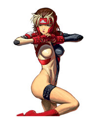 action_pose bandaid bandaid_on_nose blonde_hair boxing_gloves boxing_headgear breasts brown_hair erect_nipples female fist_in_hand gloves multicolored_hair nekkeau nipple_visible_through_clothes nipples original see-through short_hair simple_background solo solo_female thigh_strap two_tone_hair white_background