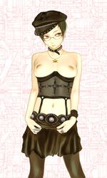 bleach breasts cabbie_hat collar corset earrings glasses green_hair hat ise_nanao jewelry navel_piercing original pantyhose piercing punk ring rings short_hair skirt terumin wristband