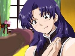 bare_shoulders black_eyes blush censored clothing curtains earring earrings erection female jewelry long_hair misato_katsuragi mosaic_censoring nail_polish neon_genesis_evangelion penis purple_hair smile tongue tongue_out window yabusame