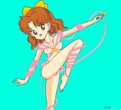 1990s 1992 20th_century 4bpp aqua_background artist_name bishoujo_senshi_sailor_moon bow breasts brown_eyes brown_hair dated detransformation female green_eyes hairbow henshin leg_lift legs naked_ribbon naru_osaka nipples nude open_mouth pussy_juice red_hair ribbon short_hair simple_background small_breasts smile solo standing_on_one_leg straight_hair transformation wand wav_(artist) wavy_hair year