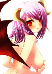 arm arms back bare_back bare_shoulders bat_wings blush breast_hold breasts chikubaen covering covering_breasts demon_girl demon_wings female female horns large_breasts lips looking_at_viewer looking_back nude nude_cover parted_lips pink_hair purple_hair red_eyes short_hair sideboob simple_background solo sparkle succubus topless white_background wings yukizuki_chikuba