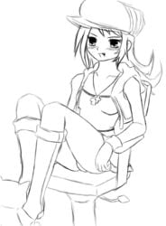 1girls boots chair feet female hat midriff mr._mew naughty_face no_color pantyshot shiki_misaki sketch stuffed_animal the_world_ends_with_you