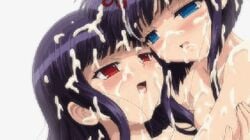 2girls animated black_hair blue_eyes bukkake cum empty_eyes female female_only happy inyouchuu inyouchuu_shoku lowres multiple_girls red_eyes siblings sisters smile tsukishiro_kikuka tsukishiro_ouka