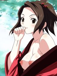 breasts brown_hair finger_on_mouth fuu kimono nipples samurai_champloo