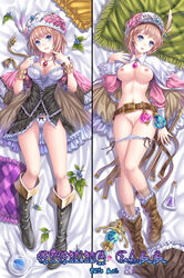 atelier_(series) atelier_rorona belt blonde_hair blue_eyes boots breasts capelet censored cleavage dakimakura female hat jewelry legs multiple_views navel nipples nude panties panty_pull pendant petticoat rororina_fryxell skirt staff tidsean underwear vial