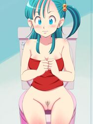 1girls aqua_hair arm arms art bare_arms bare_legs bare_shoulders bathroom blue_eyes blush bottomless breasts bulma_briefs censored cleavage clenched_hand clenched_hands closed_mouth collarbone dragon_ball embarrassed engawa_suguru erodon_hearts female hair_bobbles hair_ornament hands hands_together highres human indoors legs long_hair looking_at_viewer medium_breasts mound_of_venus neck no_panties pubic_hair pussy red_tubetop shy side_ponytail sitting solo strapless teenage_bulma teenage_girl teenager thighs toilet tubetop vagina