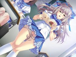 blue_ribbon blush brown_hair censored classroom clothing creature dutch_angle footwear frilled_skirt frills game_cg hair hair_ribbon humanoid knee_socks kneehighs kneesocks kuratani_mie long_hair monster no_panties open_mouth parasite parasite_plug public pussy pussy_eating_monster pussy_juice reading ribbon school school_uniform schoolgirl sensei_naka_ni_shokushu_wo_irete! skirt socks source_request tentacle tentacles_under_clothes upskirt vaginal_penetration white_legwear white_socks yellow_eyes yoshino_keiko