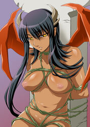 against_wall arm arms arms_behind_back bare_shoulders black_hair bondage breast_bondage breasts dark-skinned_female dark_skin demon_girl female half-closed_eyes horns isse large_breasts lips long_hair looking_at_viewer monster_girl mound_of_venus navel nipples nude original original_character parted_lips pointy_ears red_wings solo succubus thorns tied vine wings yellow_eyes