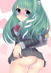 ass backpack bag blush cum cum_in_pussy cum_inside cumdrip frog green_eyes green_hair hair_ornament highres keychain long_hair looking_back panties randoseru sanae_kochiya school_uniform shiori_(moechin) snake solo suwako_moriya touhou underwear upskirt white_panties